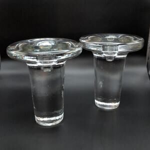 Heavy Art Glass Crystal Clear Icicle Mushroom Taper Candle Holders Pair 5.6in
